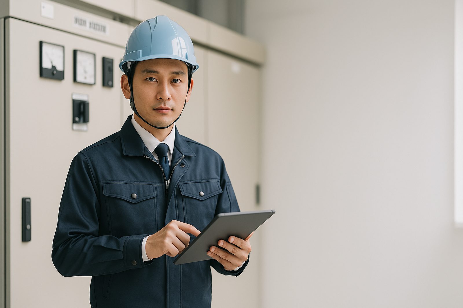 電気管理技術者がタブレットで受変電設備(キュービクル)の点検・記録を行う様子